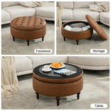 obmedin 31.5" Large Round Storage Ottoman, Upholstered Tufted PU Ottoman Coffee Table, Large Footrest with Solid Wooden Legs and Nailheads, Side Table for Living Room Bedroom Office, Brown obmedin