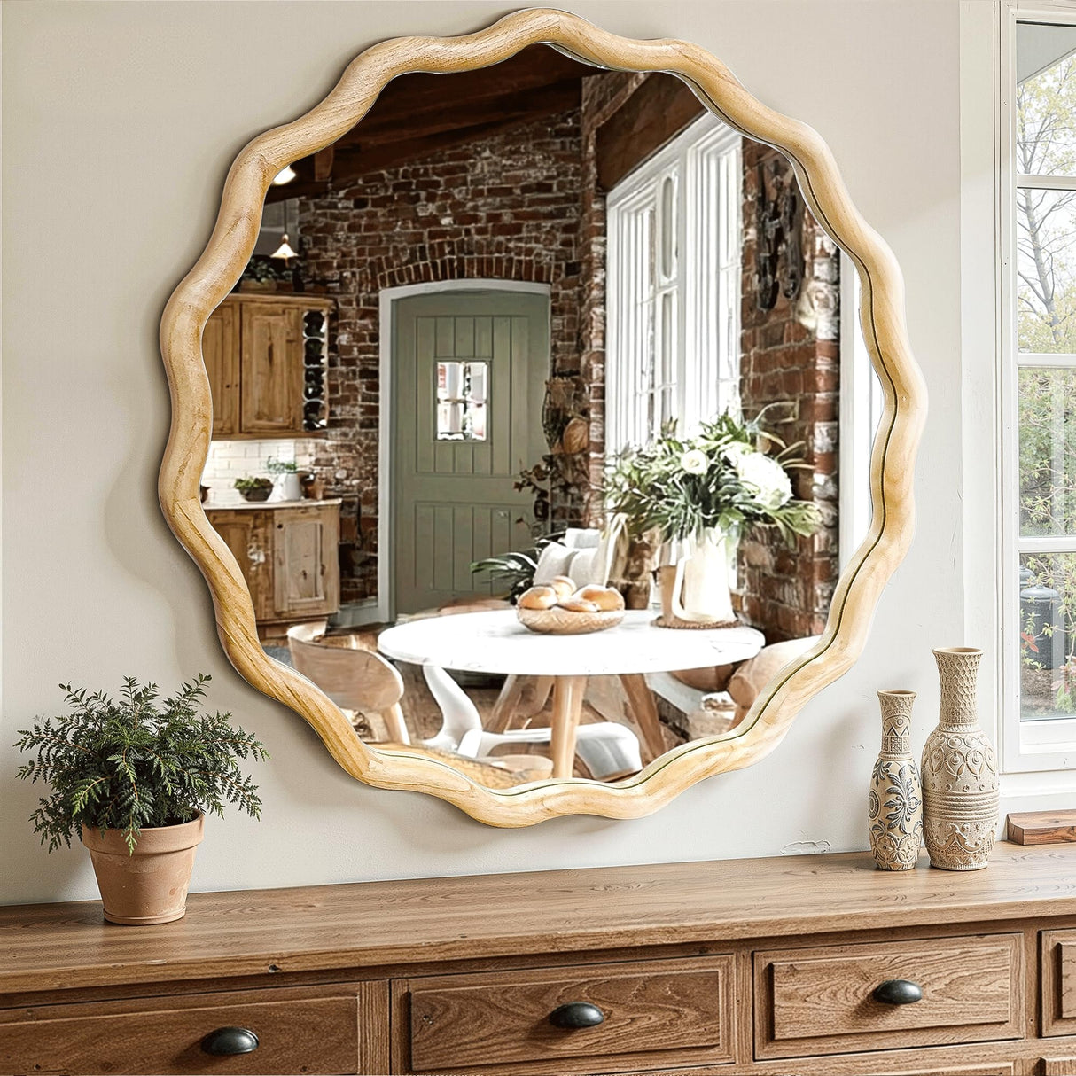 Circle Wood Mirrors for Wall, Wavy Round Bathroom Scalloped Mirror Wooden Frame 24 Inch for Living Room Farmhouse Bedroom Hallway Entryway Living Room with Shatterproof Glass Wall Mounted FGU