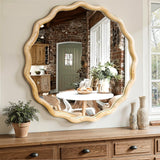 Circle Wood Mirrors for Wall, Wavy Round Bathroom Scalloped Mirror Wooden Frame 24 Inch for Living Room Farmhouse Bedroom Hallway Entryway Living Room with Shatterproof Glass Wall Mounted FGU