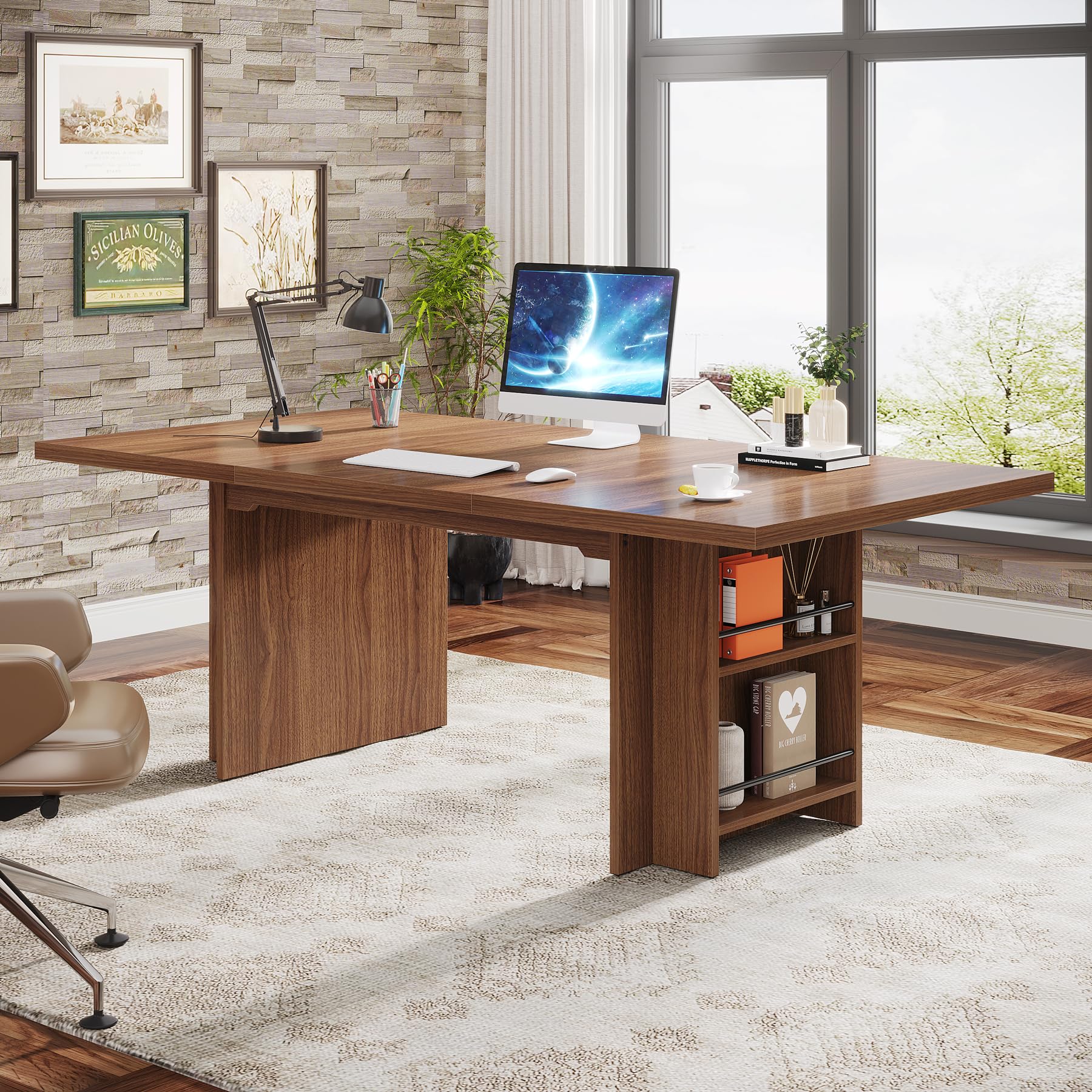 Tribesigns 63 Inches Office Executive Desk, Home Office Desk Large Computer Writing Table with Storage, Wood Workstation Desk Small Conference Table - WoodArtSupply