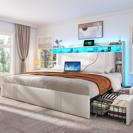 EnHomee King Size Bed Frame with 4 Storage Drawers, Upholstered Platform King Bed Frame with Headboard & LED Lights & Charging Station, Noise Free, No Box Spring Needed, Beige EnHomee