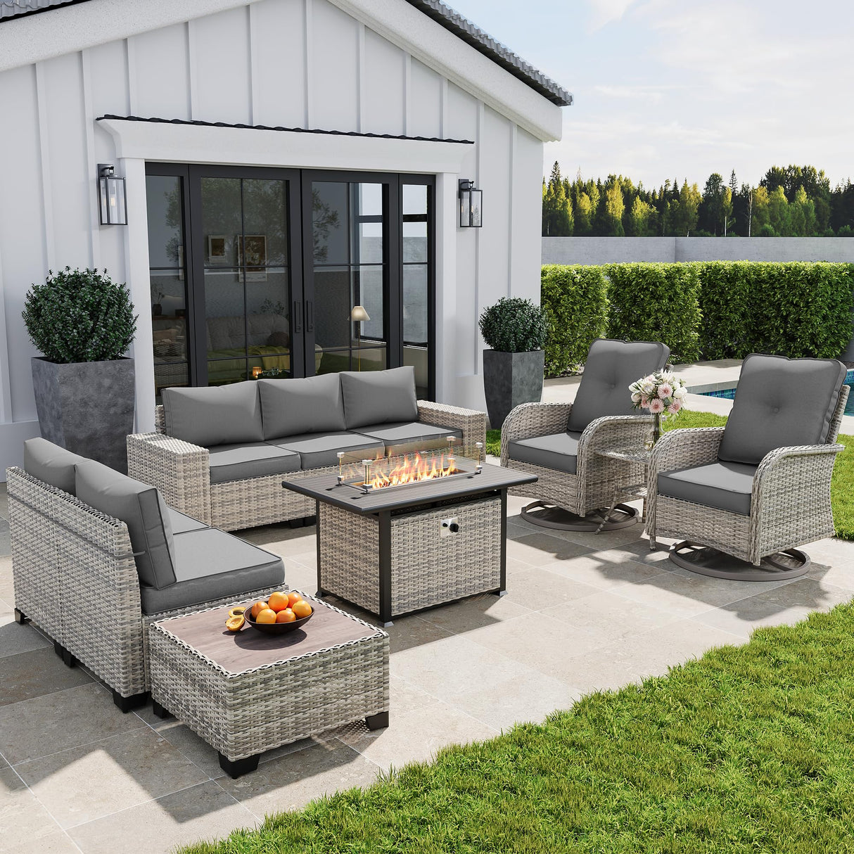 Muphyers 10-Piece Outdoor Patio Furniture Set with Rocking Swivel Chair, PE Wicker Rattan Sectional Sofa Patio Conversation Set with 55,000 BTU Fire Pit Table & Coffee Table, Grey Muphyers