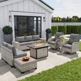 Muphyers 10-Piece Outdoor Patio Furniture Set with Rocking Swivel Chair, PE Wicker Rattan Sectional Sofa Patio Conversation Set with 55,000 BTU Fire Pit Table & Coffee Table, Grey Muphyers
