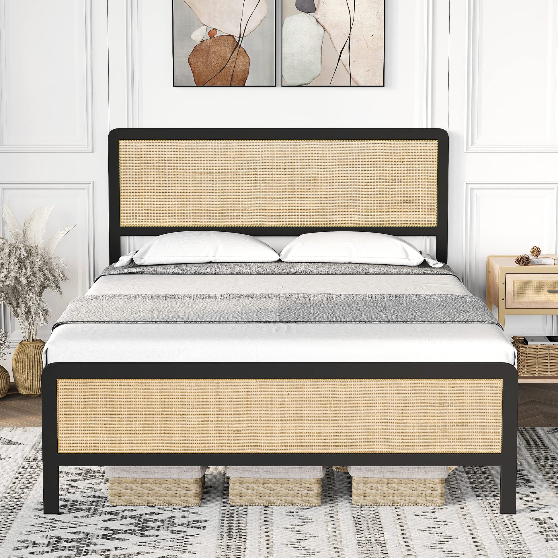 GAOMON Queen Size Metal Platform Bed Frame with Natural Rattan Headboard, Footboard, and Under-Bed Storage - WoodArtSupply