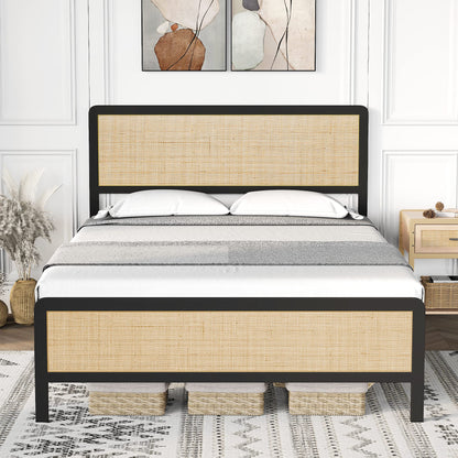 GAOMON Queen Size Metal Platform Bed Frame with Natural Rattan Headboard, Footboard, and Under-Bed Storage - WoodArtSupply