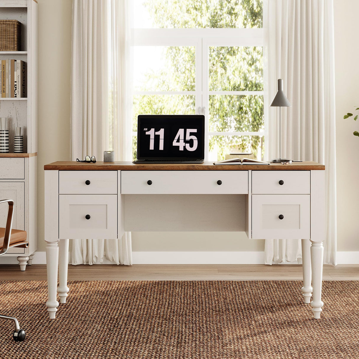 WAMAPT Farmhouse Executive Desk with 5 Drawers, Home Office Desk with Charging Station, Wood Computer Desk with File Cabinet Storage, Door, Open Shelf for Work and Study, White, 55 inch WAMPAT