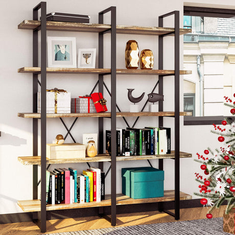 IRONCK Bookshelf, Double Wide 5-Tier Open Bookcase Vintage Industrial Large Shelves, Wood and Metal Etagere Bookshelves, for Home Decor Display, Office Furniture, 13D x 53.1W x 70H in IRONCK