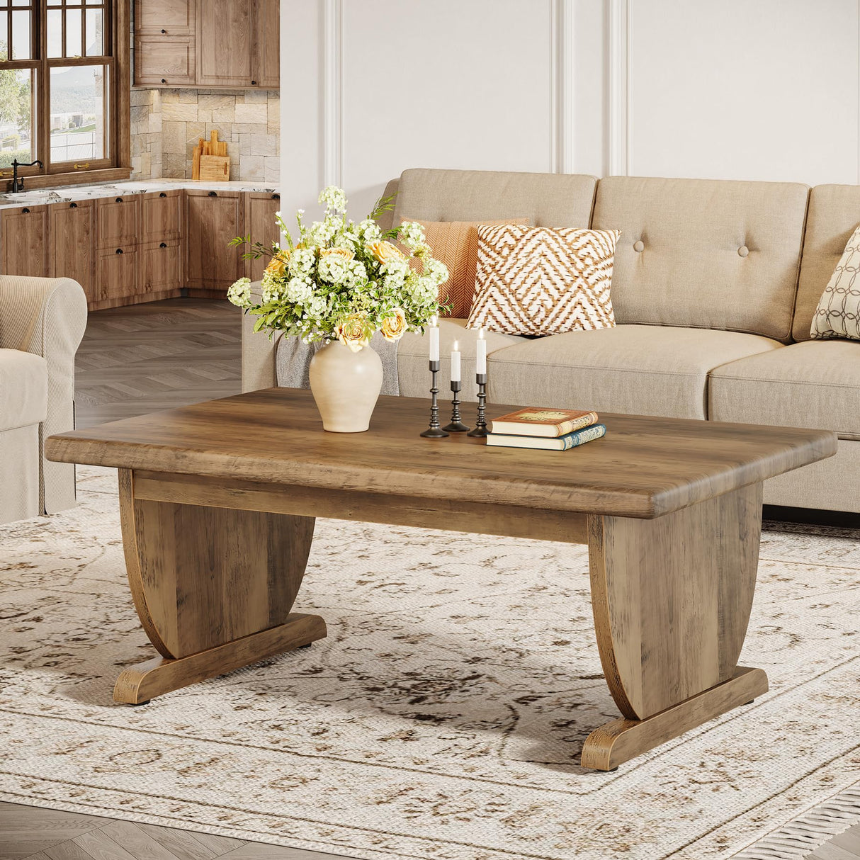 Tribesigns Rectangle Coffee Table, 48-Inch Large Wooden Low Coffee Tables for Living Room, Rustic Farmhouse Center Tea Table with Sturdy Pedestal Base, Easy Assembly, Medium Brown Tribesigns