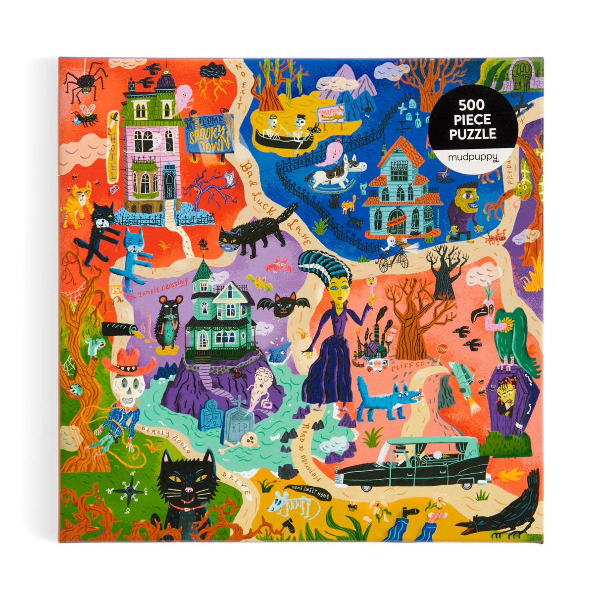 Mudpuppy Welcome to Spooky Town – 500 Piece Family Jigsaw Puzzle Featuring Bold and Spooky Illustrations of A Haunted Town Filled with Goblins Ghouls and Monsters Galison