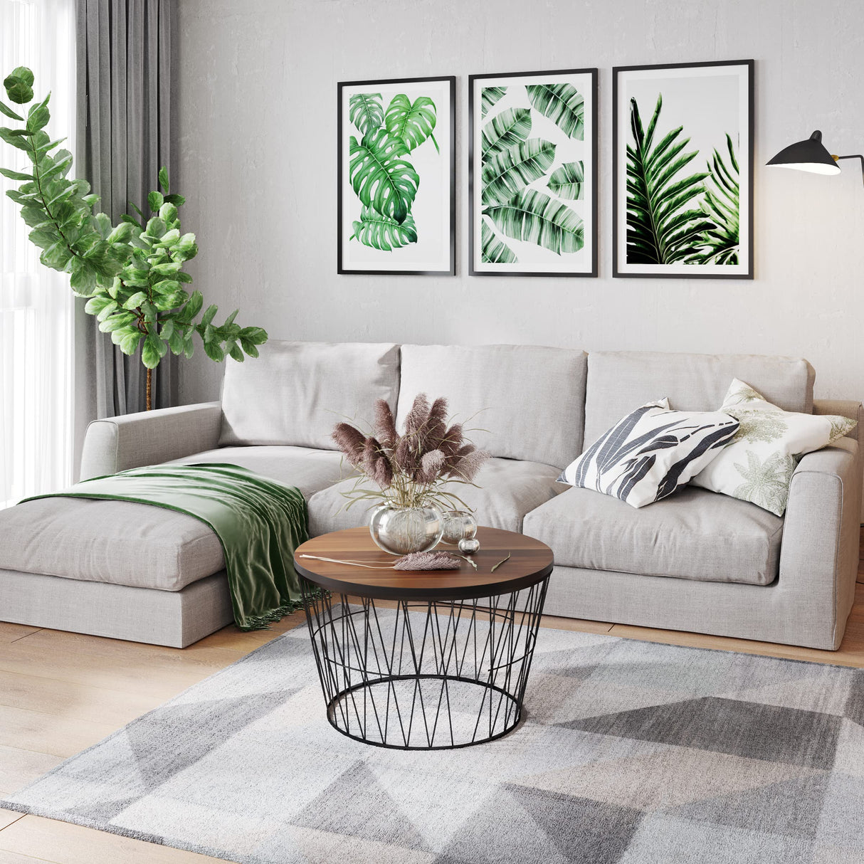 Lavish Home Mid-Century Round Coffee Table with Geometric Metal Base-Small Modern Accent for Living Room, 23.5", Brown Walnut & Black Lavish Home