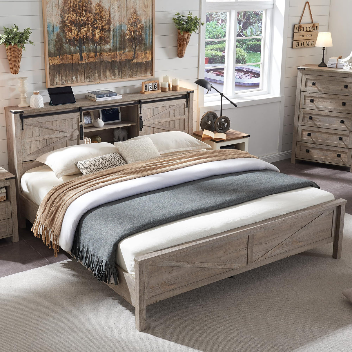 Farmhouse Queen Bed Frame with Bookcase Headboard, Sliding Barn Doors, and Storage in Light Rustic Oak T4TREAM