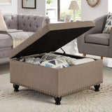 BAOMKONG Upholstered Square Ottoman, 30 Inch Linen Fabric Button Tufted Storage Ottoman with Wooden Legs Coffee Table with Nail Trims 4 in 1 Storage Chest Footrest Padded Seat End Table, Khaki BAOMKONG