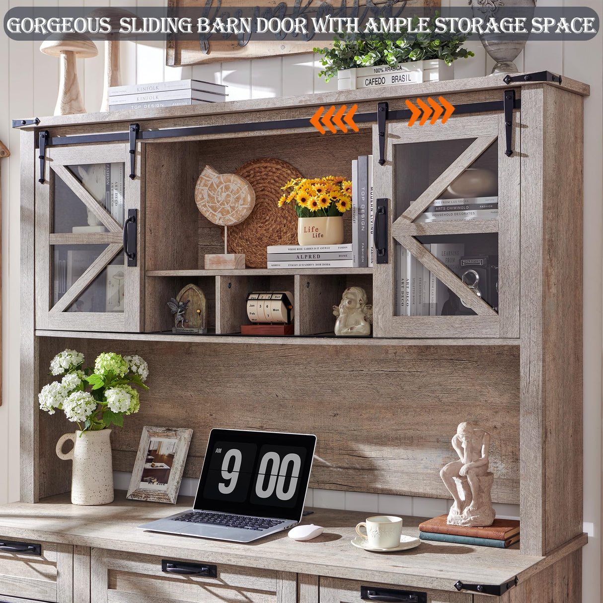 RedLemon 42" Farmhouse Desk Hutch with Sliding Barn Door and Ample Storage/Display Space, Only Match Farmhouse Desk (Light Rustic Oak) RedLemon