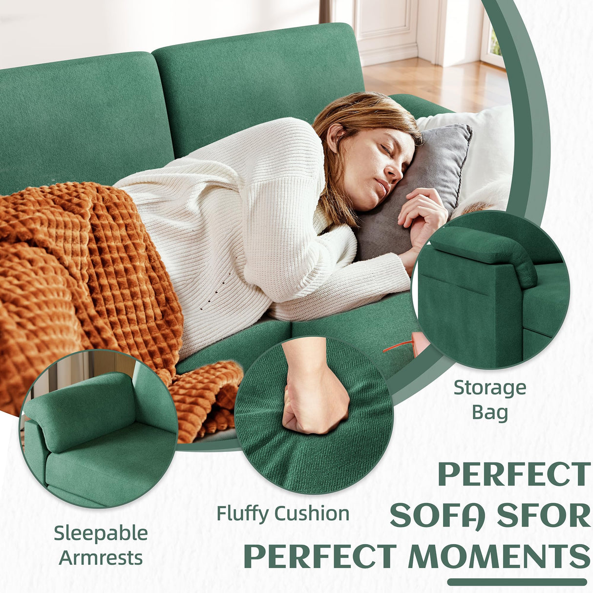 Vongrasig Convertible Sectional Couch, 3 Seat L Shaped Sofa with Removable Pillows Linen Fabric Small Modern Couch Mid Century for Living Room, Apartment and Office (Green) Vongrasig