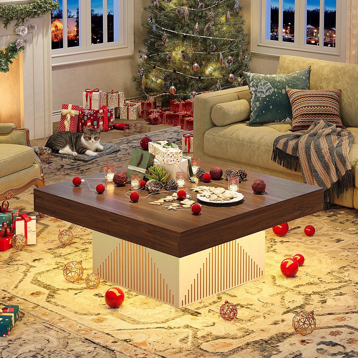 ONBRILL Coffee Table, Square Coffee Table with LED, Wood Low Coffee Table for Living Room, Center Table for Living Room, Natural Wood Grain - Rustic Brown+White ONBRILL