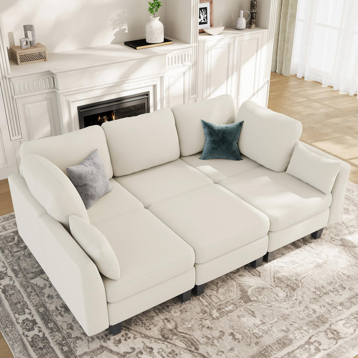 Dowiean Sectional Sleeper Sofa, 6 Seaters Modular Sleeper Sofa Couch, Comfy Sectionals Couches Bed, Convertible Sofas with Ottomans, Modular Sectional Couches for Living Room, Beige Dowiean