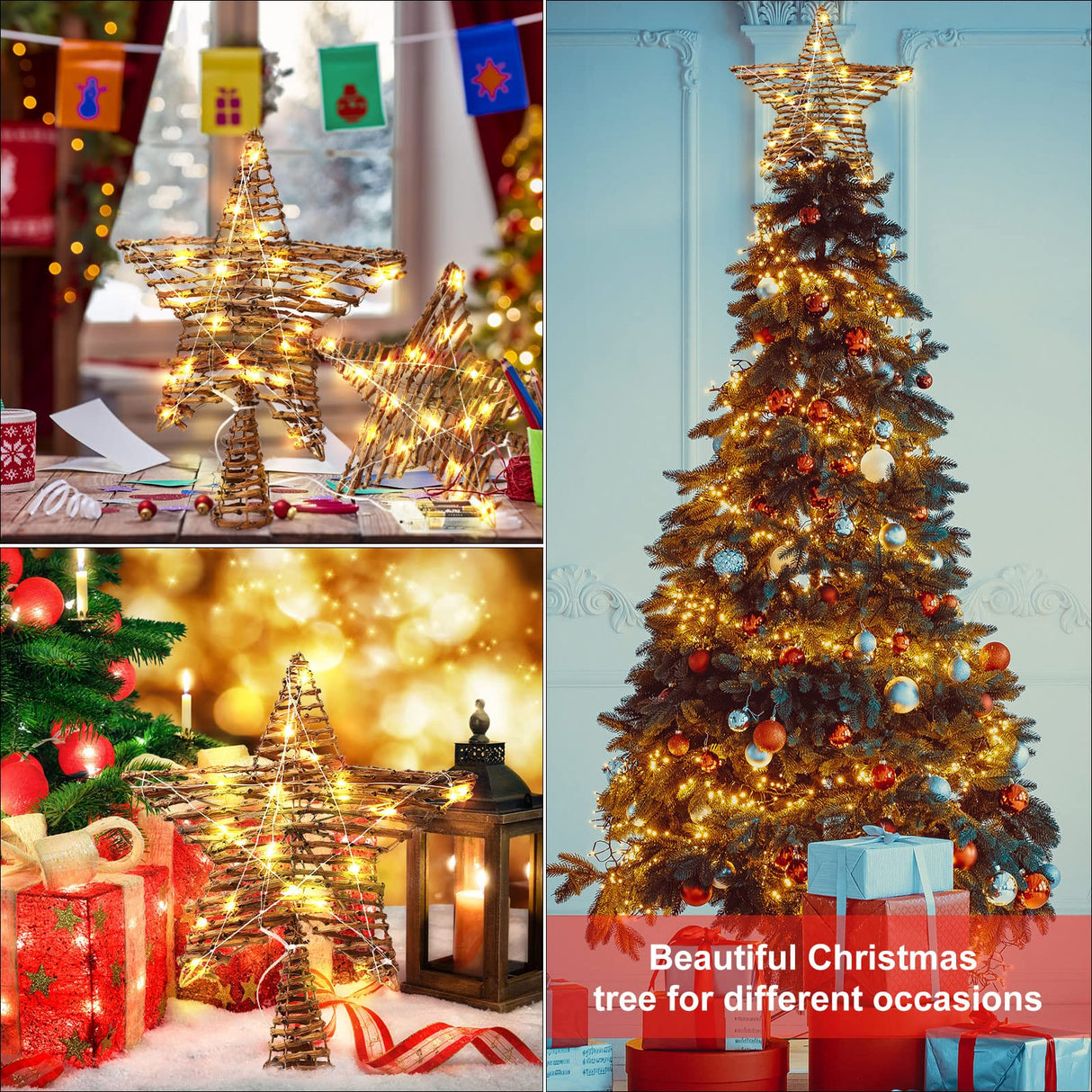 Christmas Rattan Star Treetop,14 Inch Rattan Natural Burlap Star Tree Topper with 20 Warm Lights Rustic Boho Treetop Decoration Xmas Star Treetop for Christmas Tree Ornament Holiday Party Indoor Home Threan