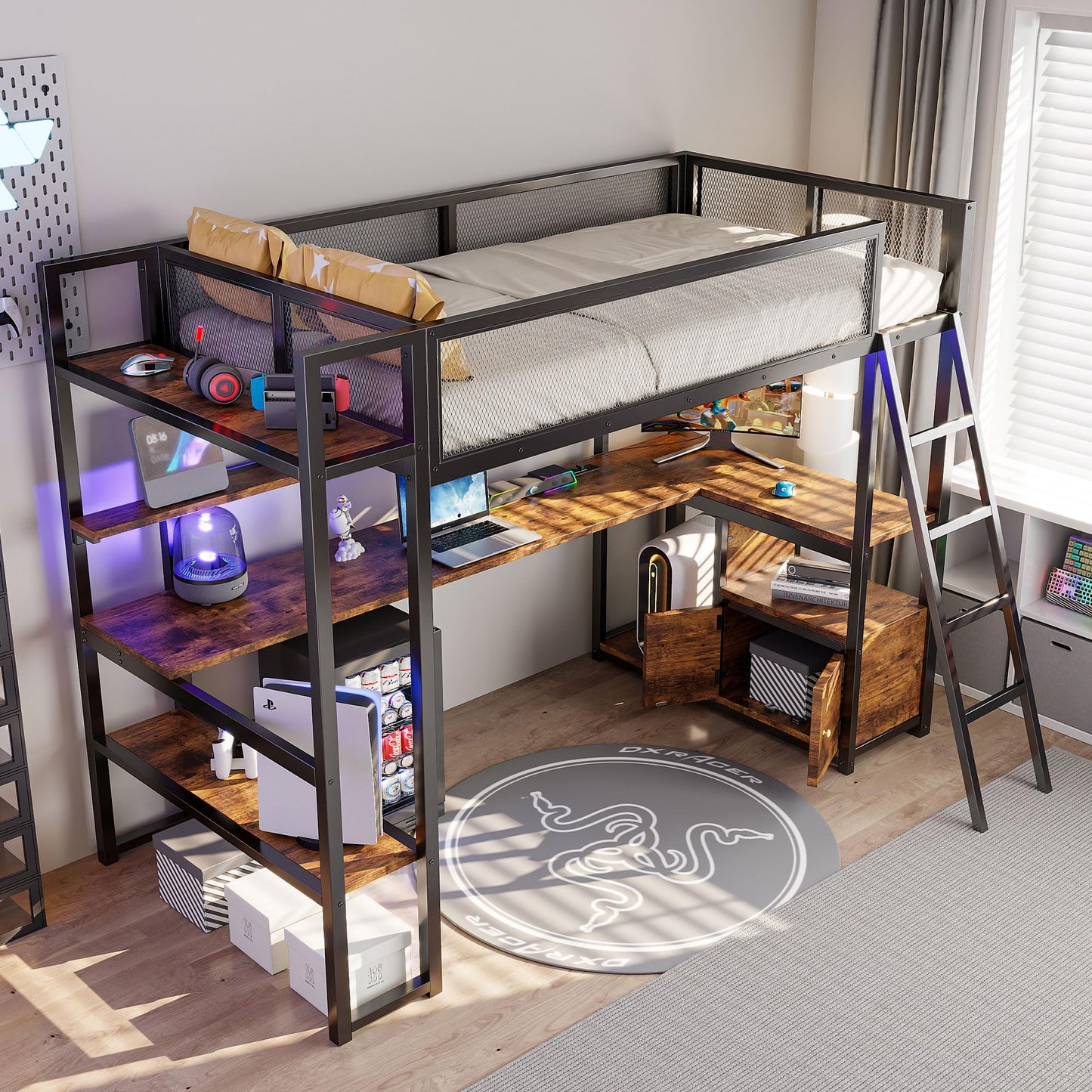 Metal Twin Size Loft Bed with Built-in Work Station and Charging Station,Loft Bed Frame with LED and Multiple Storage,Space Saving Twin Size Loft Bed for Bedroom. （Black