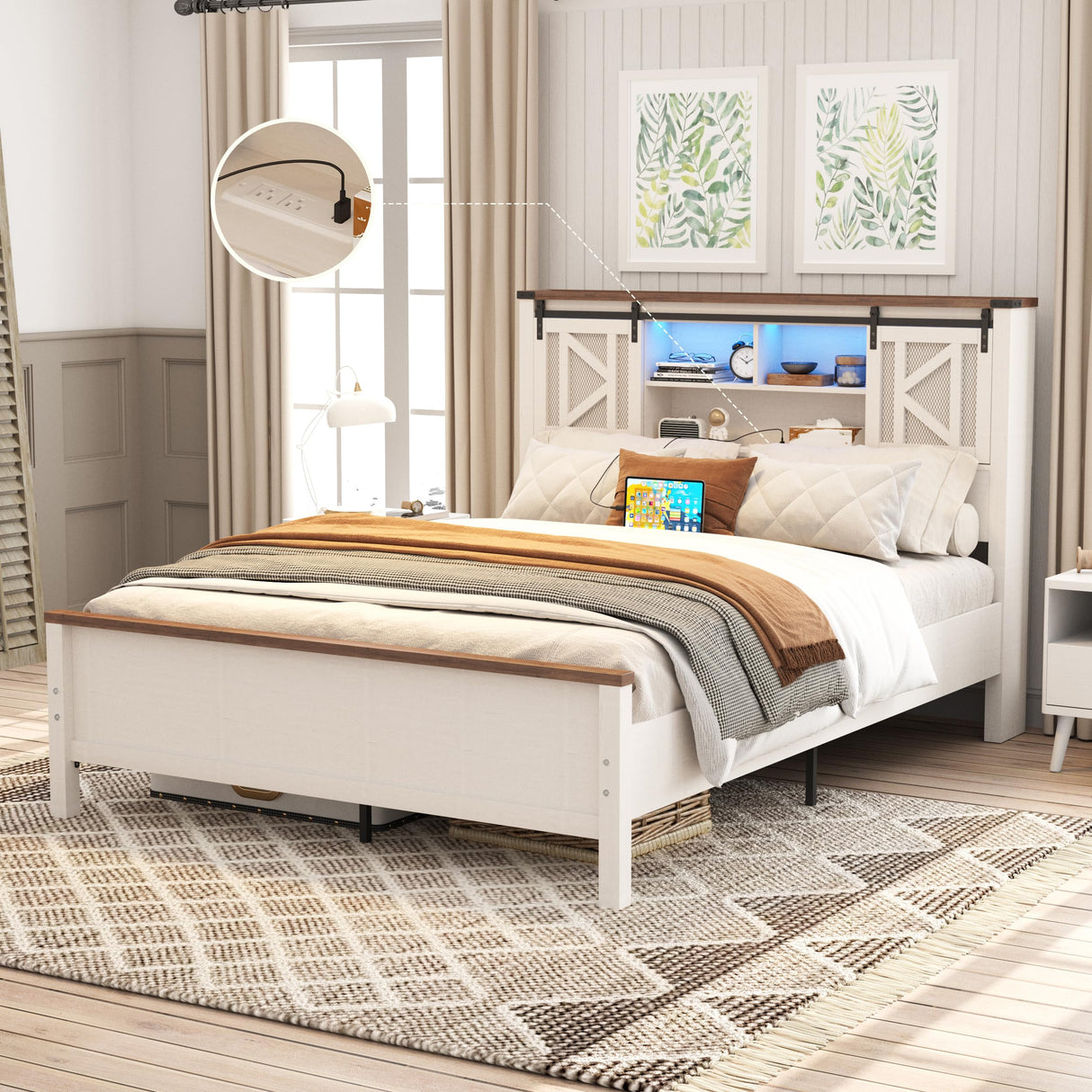 Vabches Farmhouse Queen Bed Frame with Storage, LED Lights & Charging Station Vabches