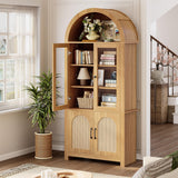 IRONCK Arched Bookshelf with Glass Door, 75" Tall Bookcase with LED, 6 Tier Storage Cabinet with Rattan Door, Large Pantry Cabinet for Living Room Kitchen Office IRONCK
