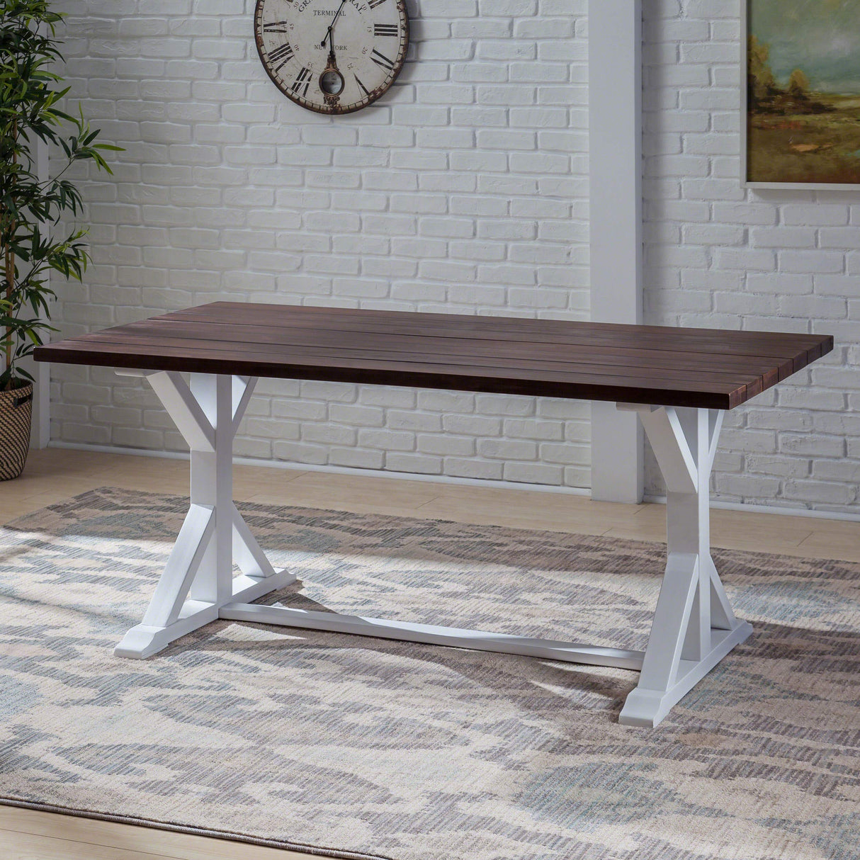 GDFStudio Rustic Farmhouse Acacia Wood Dining Table, Dark Brown and White GDFStudio