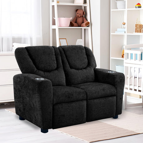 Naomi Home Suri Kids Recliner Loveseat with Cup Holders & Footrests, Black Chenille - Cozy 2-Seater Lounge for Children Naomi Home