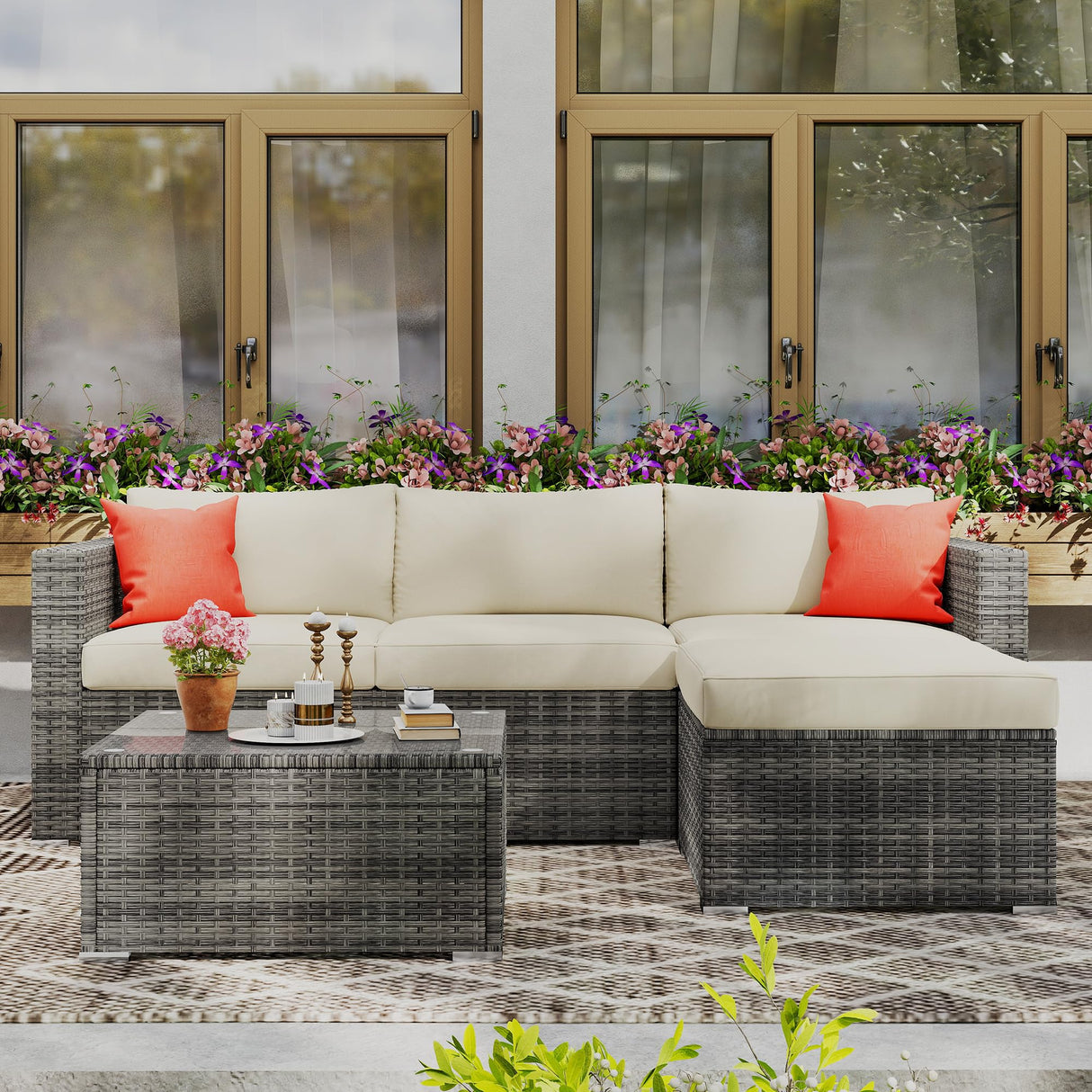 Wisteria Lane 5 Piece Outdoor Patio Furniture Set, All Weather Wicker Rattan Sectional Sofa Conversation Set with Cushions & Glass Coffee Table, Ideal for Backyard Porch Garden Balcony, Beige Wisteria Lane