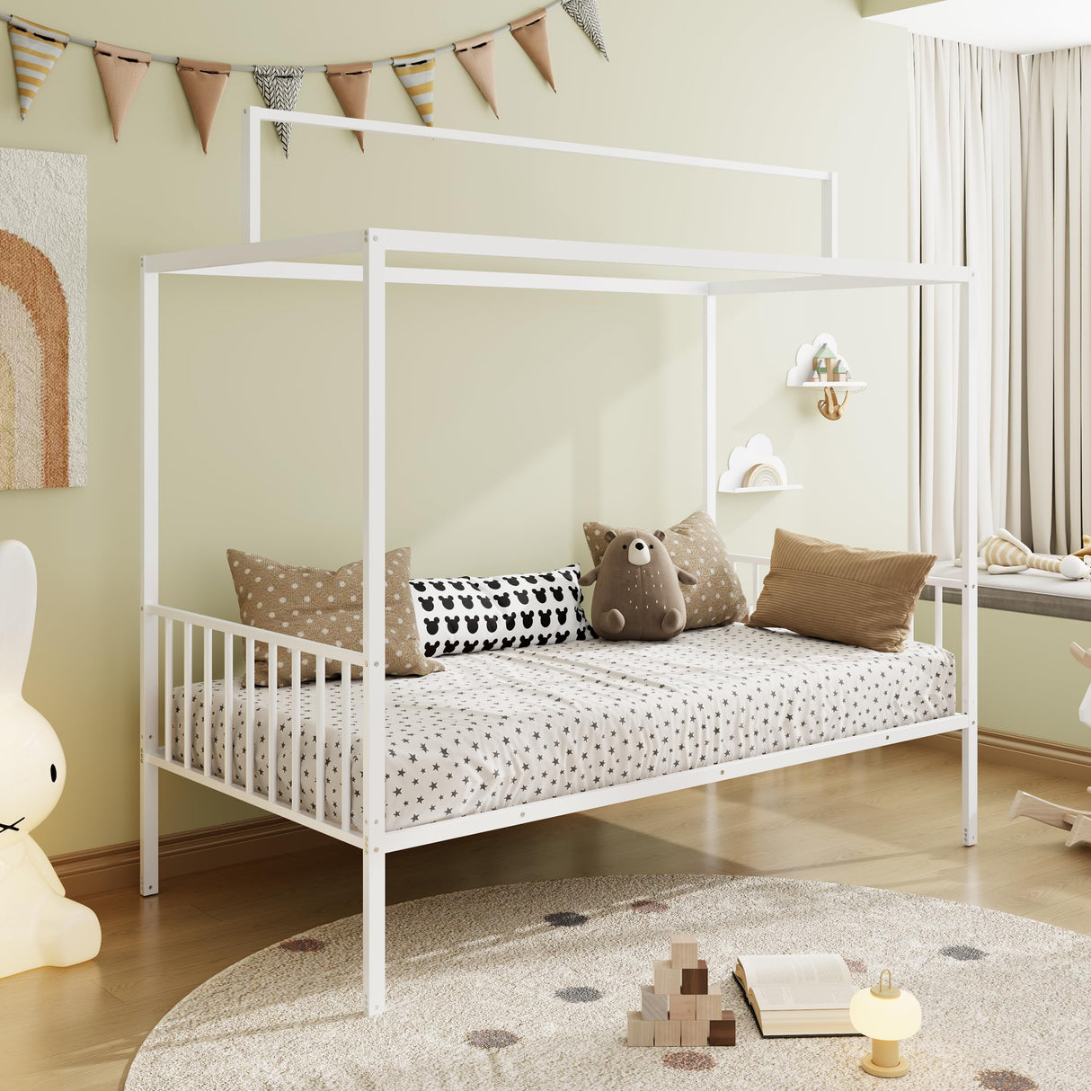 SOFTSEA 3-in-1 Convertible Twin Montessori Floor Bed, Twin Size Metal Canopy Bed with Metal Slats Support for Kids Teens, Adjustable Slats & Fence Guardrails, White SOFTSEA