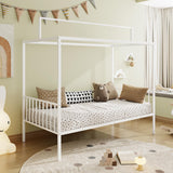 SOFTSEA 3-in-1 Convertible Twin Montessori Floor Bed, Twin Size Metal Canopy Bed with Metal Slats Support for Kids Teens, Adjustable Slats & Fence Guardrails, White SOFTSEA