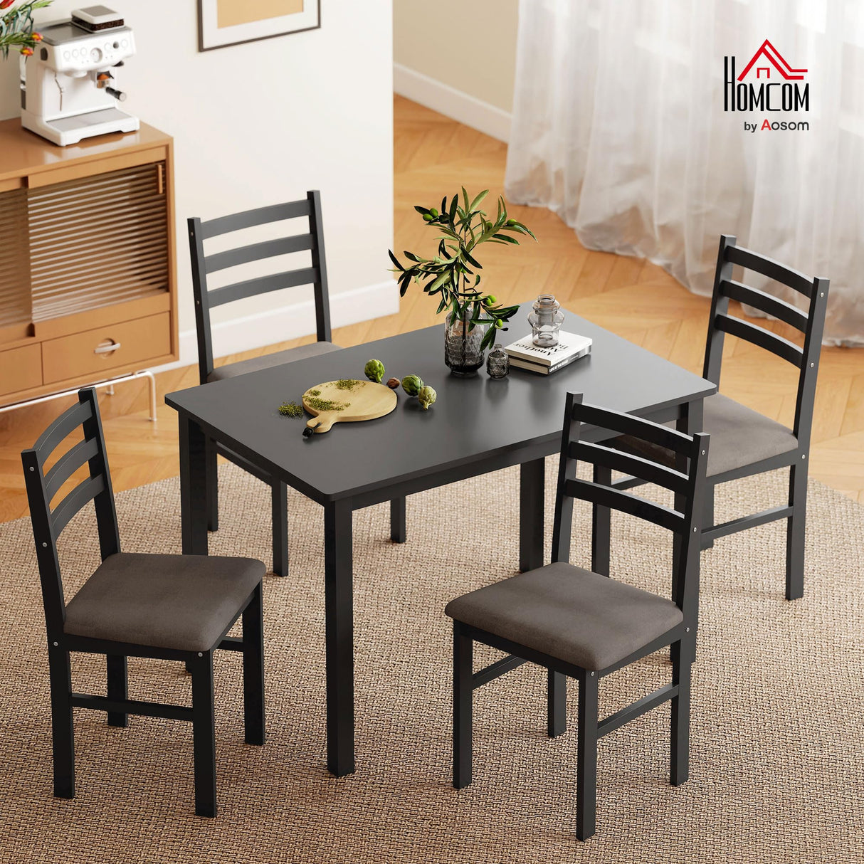 HOMCOM 5-Piece Dining Table Set for 4 with Solid Wood Frame, Farmhouse Kitchen Table Set with 4 Upholstered Padded Chairs for Small Space, Dining Room, Breakfast Nook, Black HOMCOM