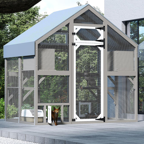 PetsCosset 71" H Catio Outdoor Cat Enclosure for Multiple Cats Large Wooden Walk in Cats House Outside Weatherproof Roof,Attached to House's Window,Cat's Door and Tunnel PetsCosset