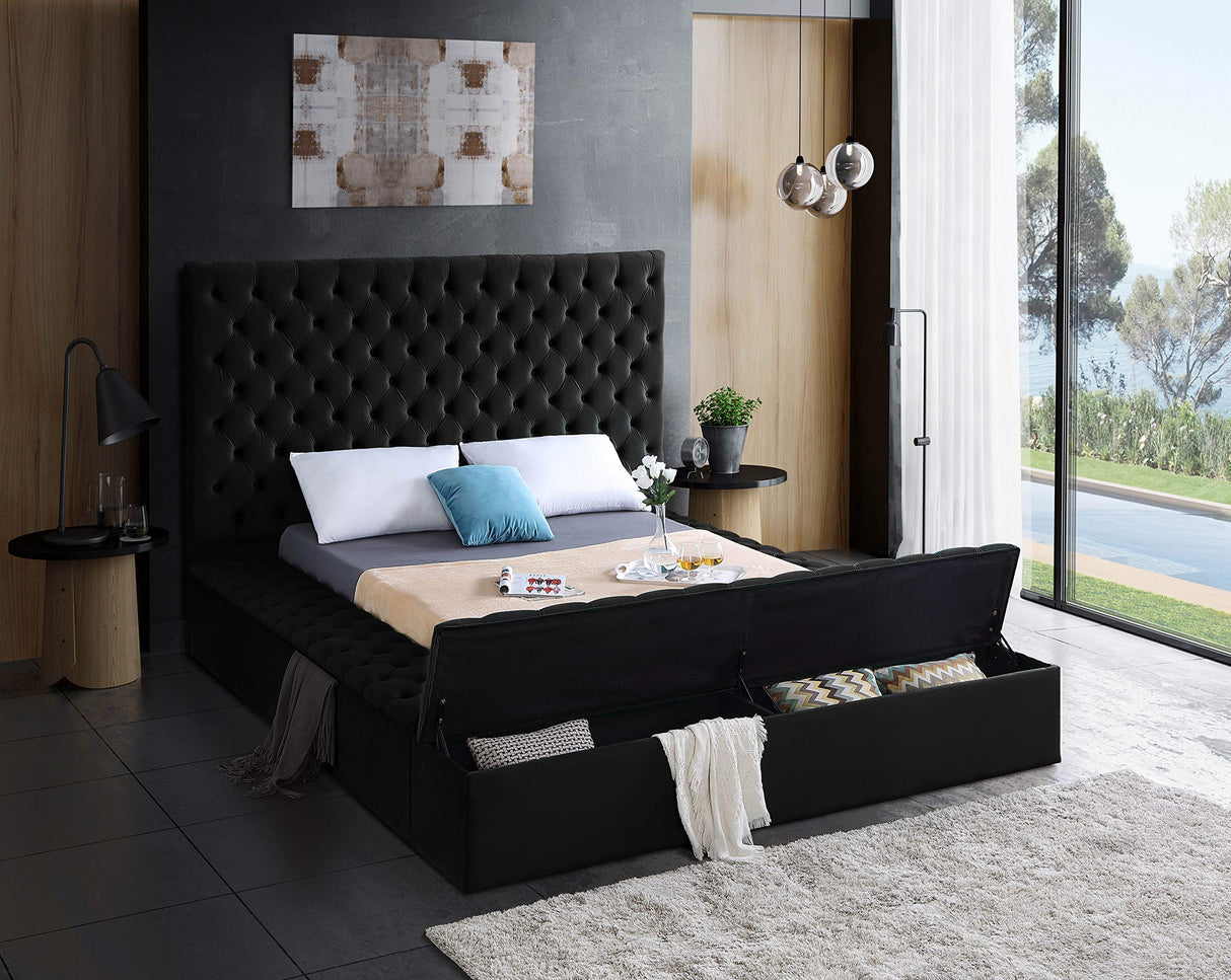 Meridian Furniture Bliss Collection Modern | Contemporary Velvet Upholstered Bed with Deep Button Tufting and Storage Compartments in Rails and Footboard, Black, King Meridian Furniture