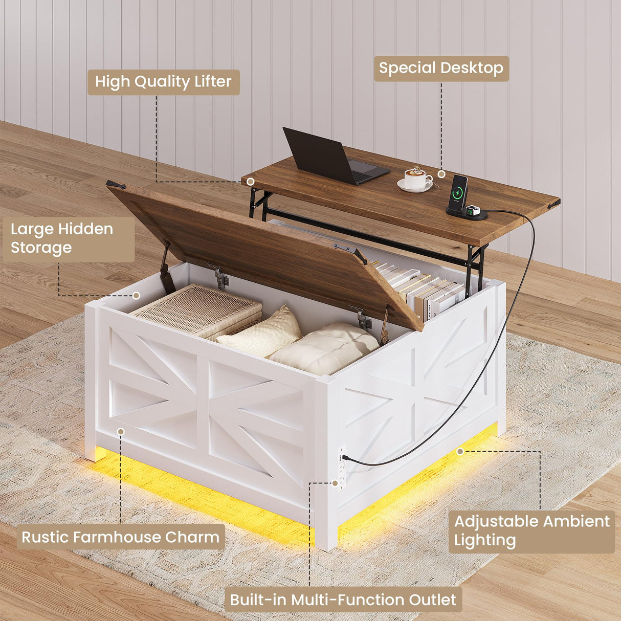 Seetech 35.8" Led Coffee Table with Lift Top Storage,Farmhouse Coffee Table for Living Room, Square Coffee Tables with Large Hidden Storage Compartment,AC Outlet and Adjustable Shelves,White Seetech