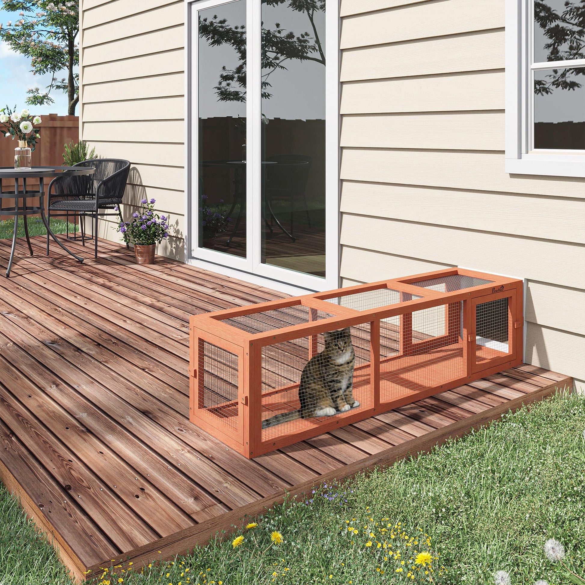 PawHut Outdoor Cat Tunnel with Extendable Design, 59" L Wooden Cat Run with Weather Protection, Connecting Inside and Outside, for Deck Patios, Balconies, Natural Wood - WoodArtSupply