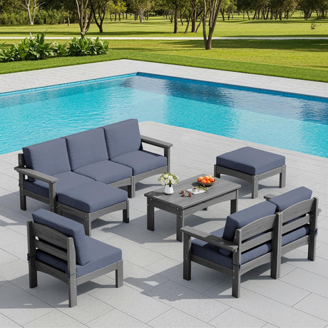 SERWALL 9 Pieces Patio Sofas, All-Weather HDPE Outdoor Sectional Sofa with Cushions and Coffee Table, Extra-Large Modular Conversation Set for Patio, Garden, Deck, Grey Frame with Grey Cushion SERWALL