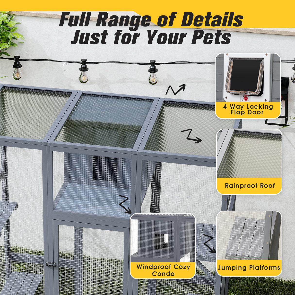 COZIWOW Upgraded Extra Large Cat Catio Equipped 4-Way Pet Door, Outdoor Wood Kitty Cage House with Insulation Condo, Patio Window Attach Cat Enclosure Playpen w/Weatherproof PVC Cover, Gray COZIWOW