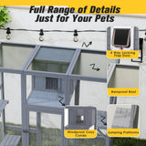 COZIWOW Upgraded Extra Large Cat Catio Equipped 4-Way Pet Door, Outdoor Wood Kitty Cage House with Insulation Condo, Patio Window Attach Cat Enclosure Playpen w/Weatherproof PVC Cover, Gray COZIWOW