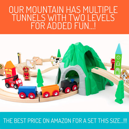 Maxim 50pc Mountain Train Set Set for Toddler with Double-Side Train Tracks Fits Brio, Thomas, Melissa and Doug, Kids Wood Toy Train for 3,4,5 Year - WoodArtSupply