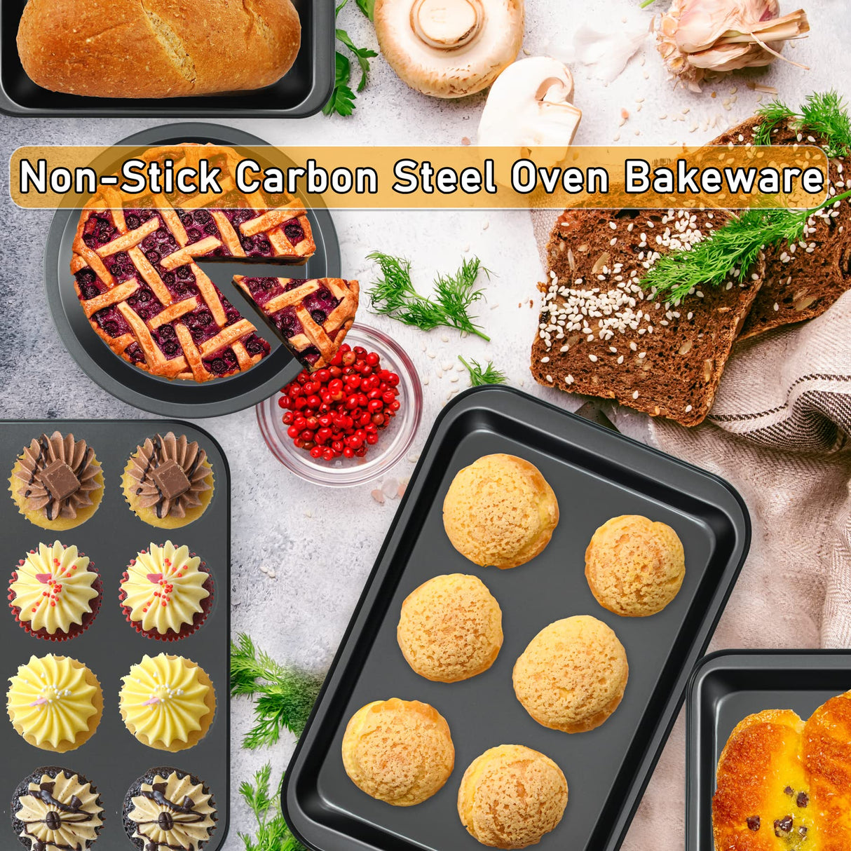 Baking Pans Nonstick Set, 5-Piece Bakeware Sets with Round/Square Cake Pan, Muffin Pan, Loaf Pan, Roast Pan, Baking Sheets for Oven, mobzio Kitchen Cookware Sets Baking Supplies mobzio