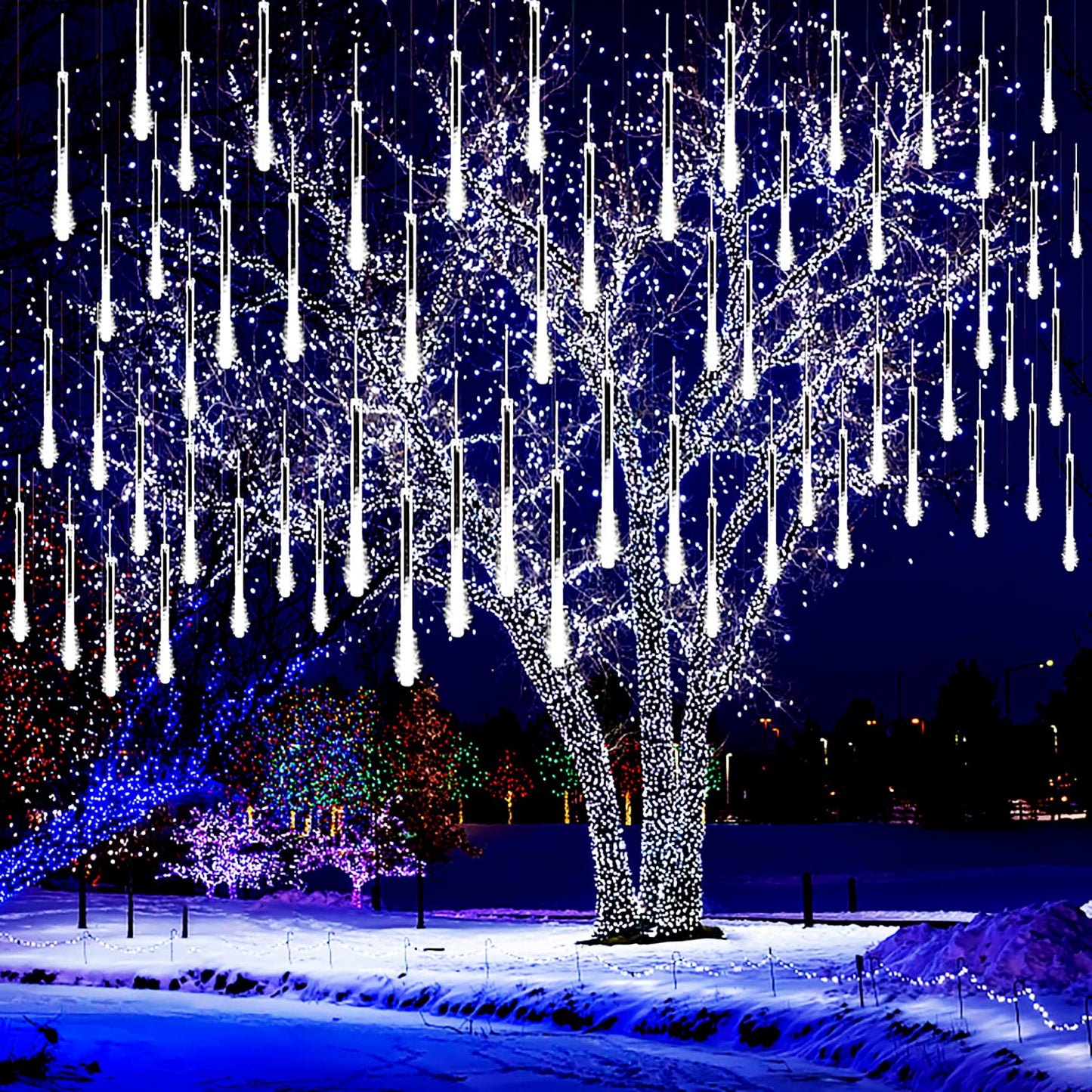 Kwaiffeo Christmas Lights Outdoor, 8 Tubes Meteor Shower Lights LED Snow Falling Icicle Cascading Lights for Xmas Tree Wedding Decoration Party, UL Plug, White