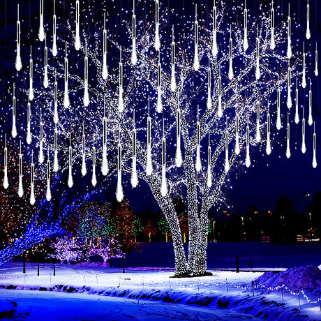 Kwaiffeo Christmas Lights Outdoor, 8 Tubes Meteor Shower Lights LED Snow Falling Icicle Cascading Lights for Xmas Tree Wedding Decoration Party, UL Plug, White Kwaiffeo