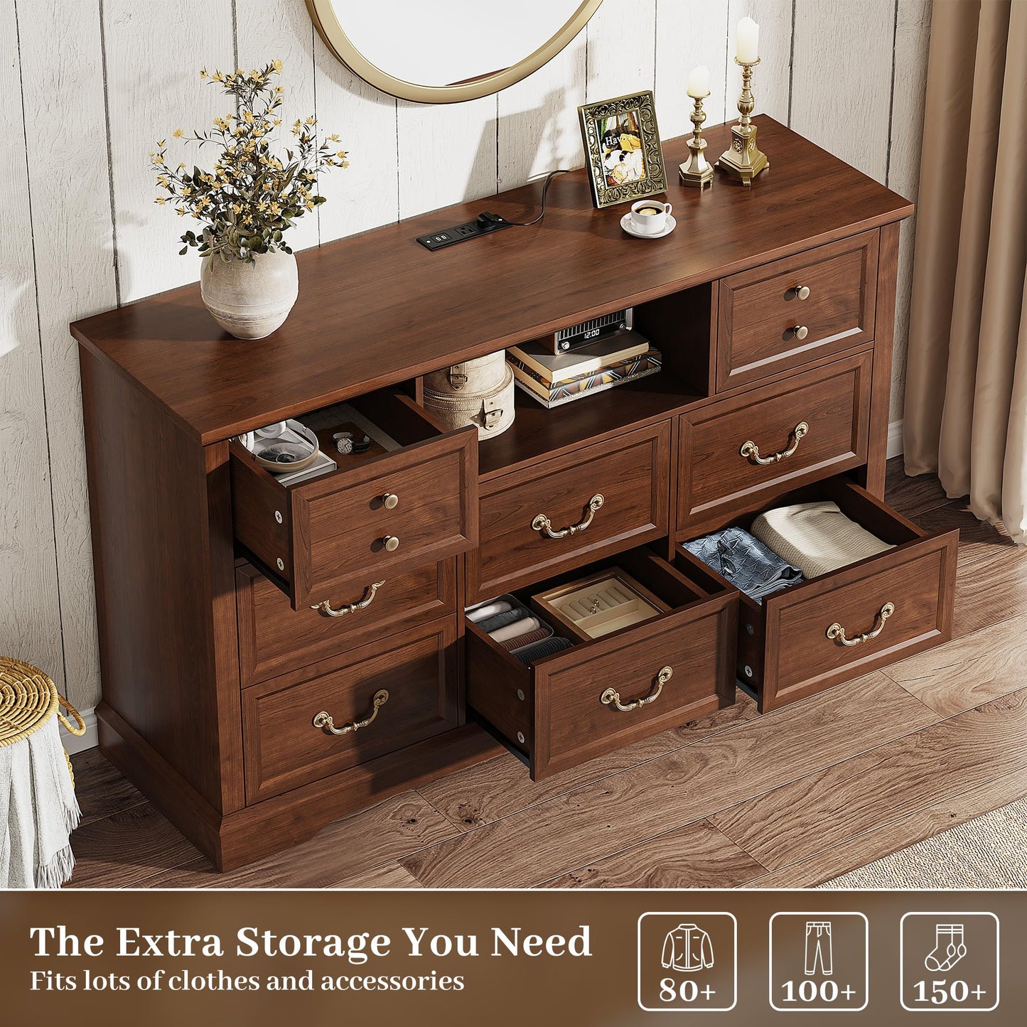 EnHomee 8 Drawers Dresser with Power Outlets and LED Lights, 55 Inch Wide Rustic Wood Dressers & Chest of Drawers for Bedroom, Hallway, Closet, Brown, 55" W x 34.5" H x 15.7" D