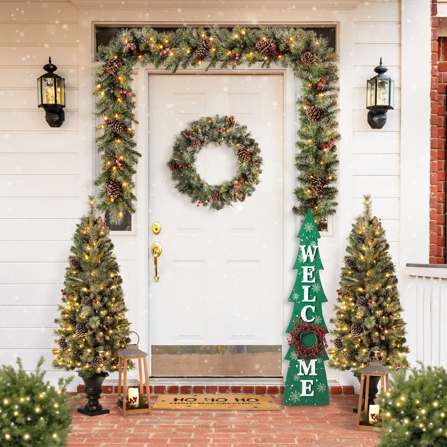 Glitzhome 42" H Wooden Welcome Christmas Tree Porch Sign with Berries Wreath Vertical Porch Sign in Xmas Tree Shape Farmhouse Hanging Sign Decorations for Front Door Wall Display