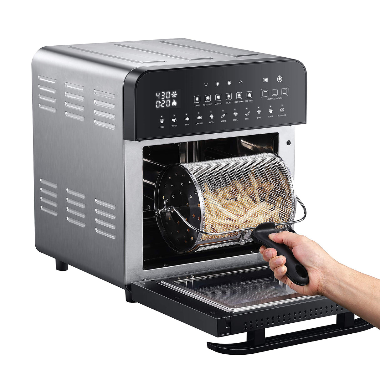 GoWISE USA 14.7-Quart Air Fryer Grill with Dual Heating Elements & Oven with Rotisserie, Dehydrator, Preheat and Broil Functions + 11 Accessories with 2 Recipe Books (Stainless Steel/Black), Ultimate GoWISE USA