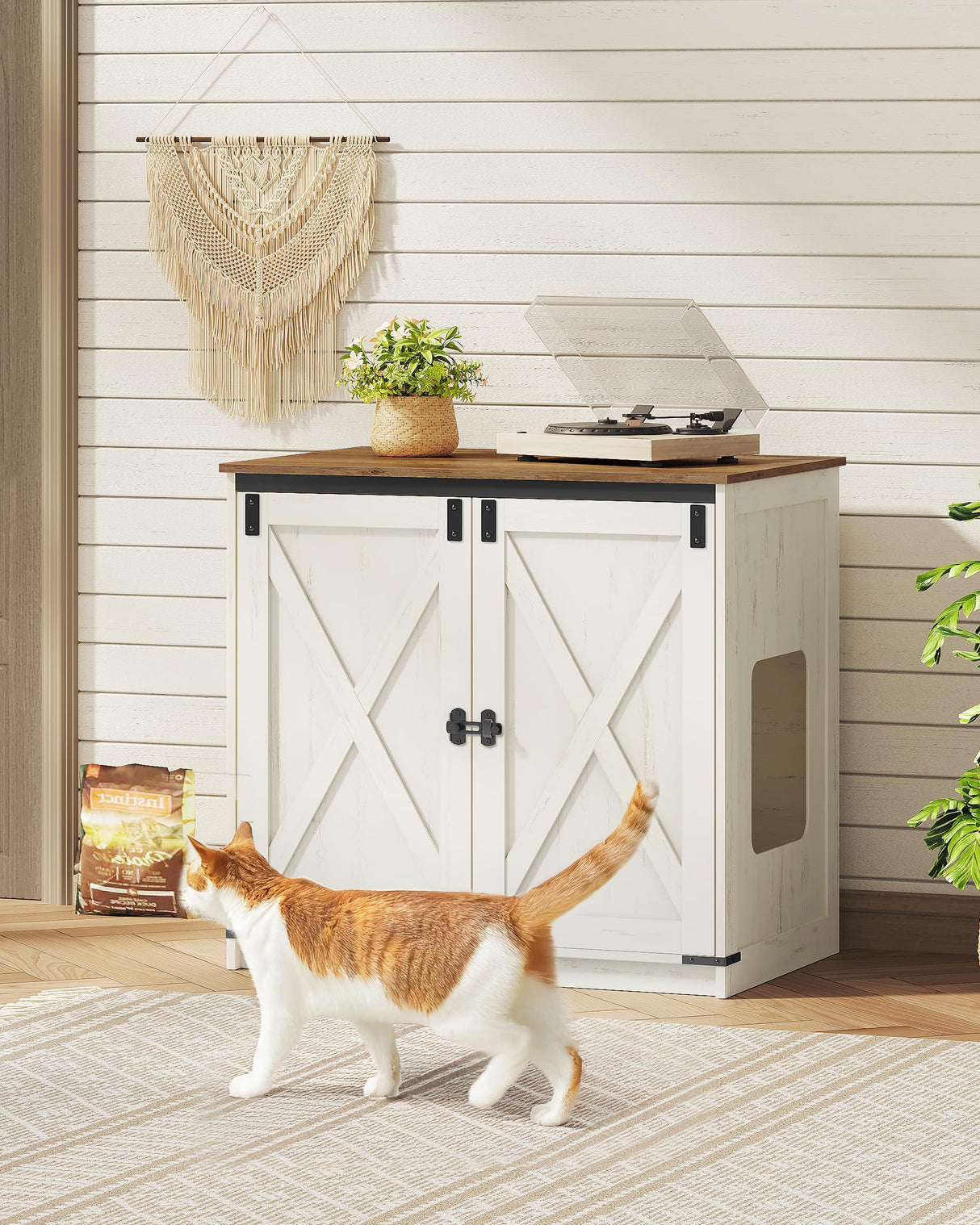 Hzuaneri Cat Litter Box Enclosure Enclosed, Hidden Litter Box Furniture Cabinet Large, Wooden Indoor Cat House with Adjustable Shelf for Top Entry Litter Box, Farmhouse Rustic Brown and White CB85414X Hzuaneri