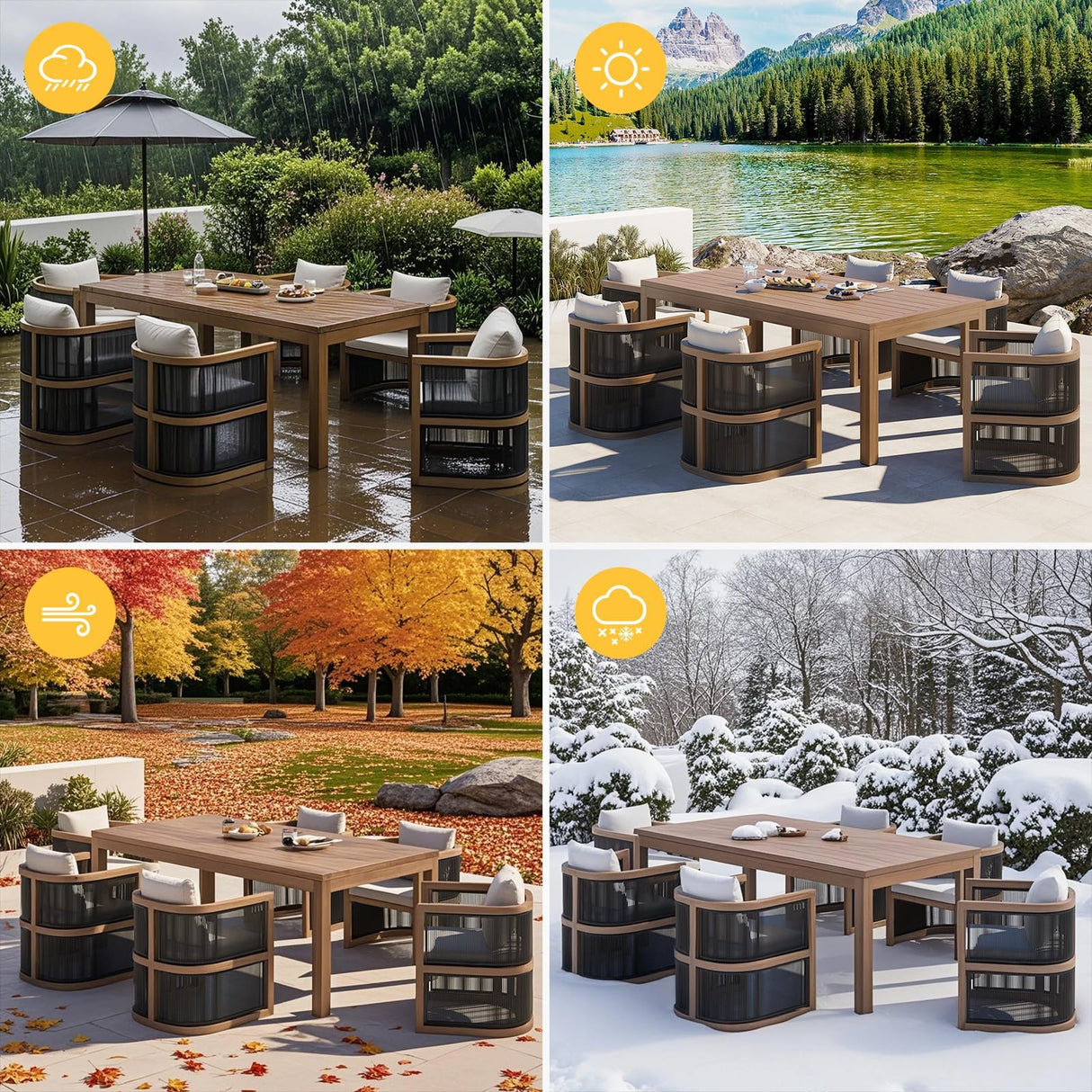 homary 7 Piece Outdoor Patio Dining Table Set, Weather Resistant Outdoor Dining Table Set with Aluminum Top Dining Table and 6 Woven Arm Chairs with Cushions for Backyard, Patio or Deck, Natural homary