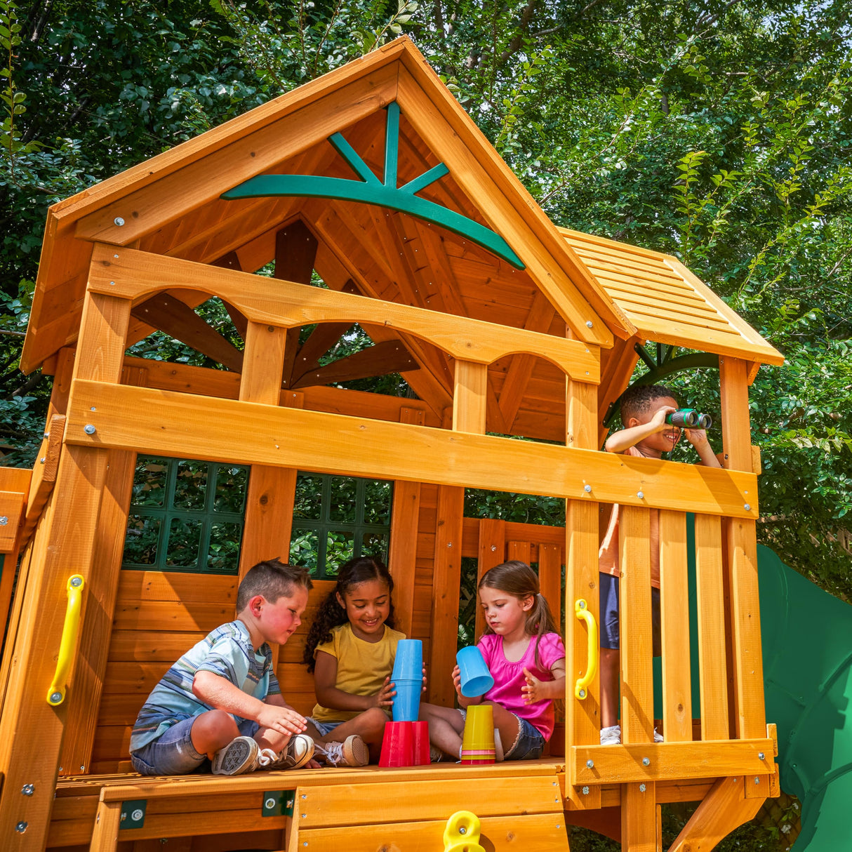 KidKraft Buffalo Crossing Wooden Swing Set with Playhouse, Rock Wall, Tube Slide and Glider KidKraft