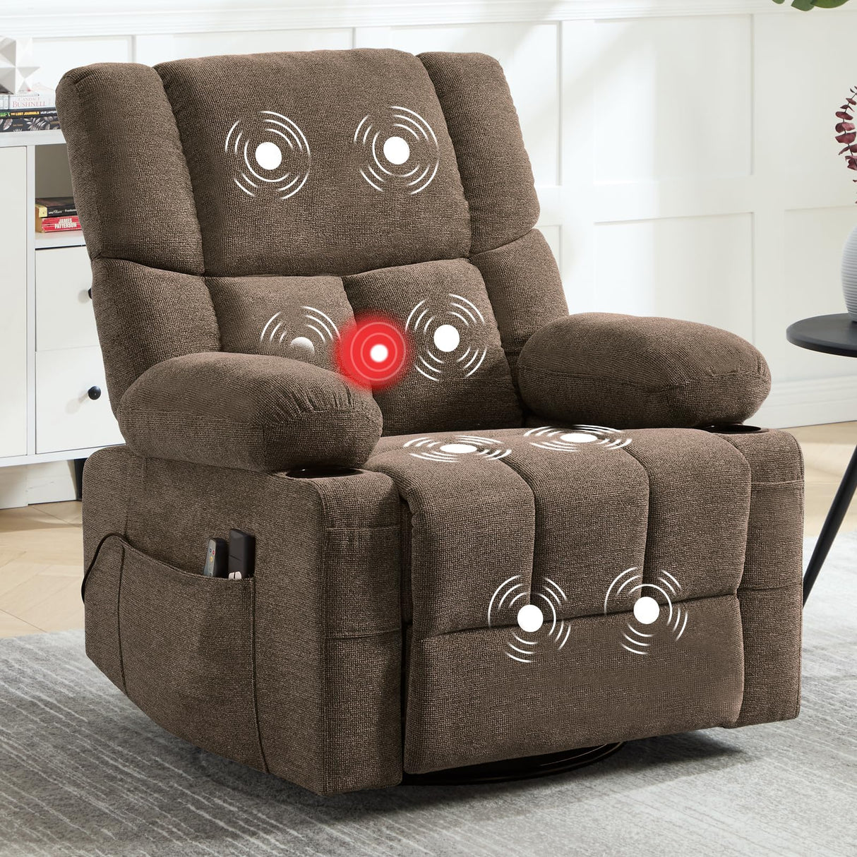 IOMOR Power Recliner Chair with Massage and Heating, 360° Swivel Rocker Glider Chair for Adults, Upholstered Fabric Reclining with Side Pockets and Cup Holder for Living Room, Nursery (1, Brown) IOMOR