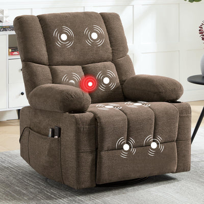 IOMOR Power Recliner Chair with Massage and Heating, 360° Swivel Rocker Glider Chair for Adults, Upholstered Fabric Reclining with Side Pockets and Cup Holder for Living Room, Nursery (1, Brown)