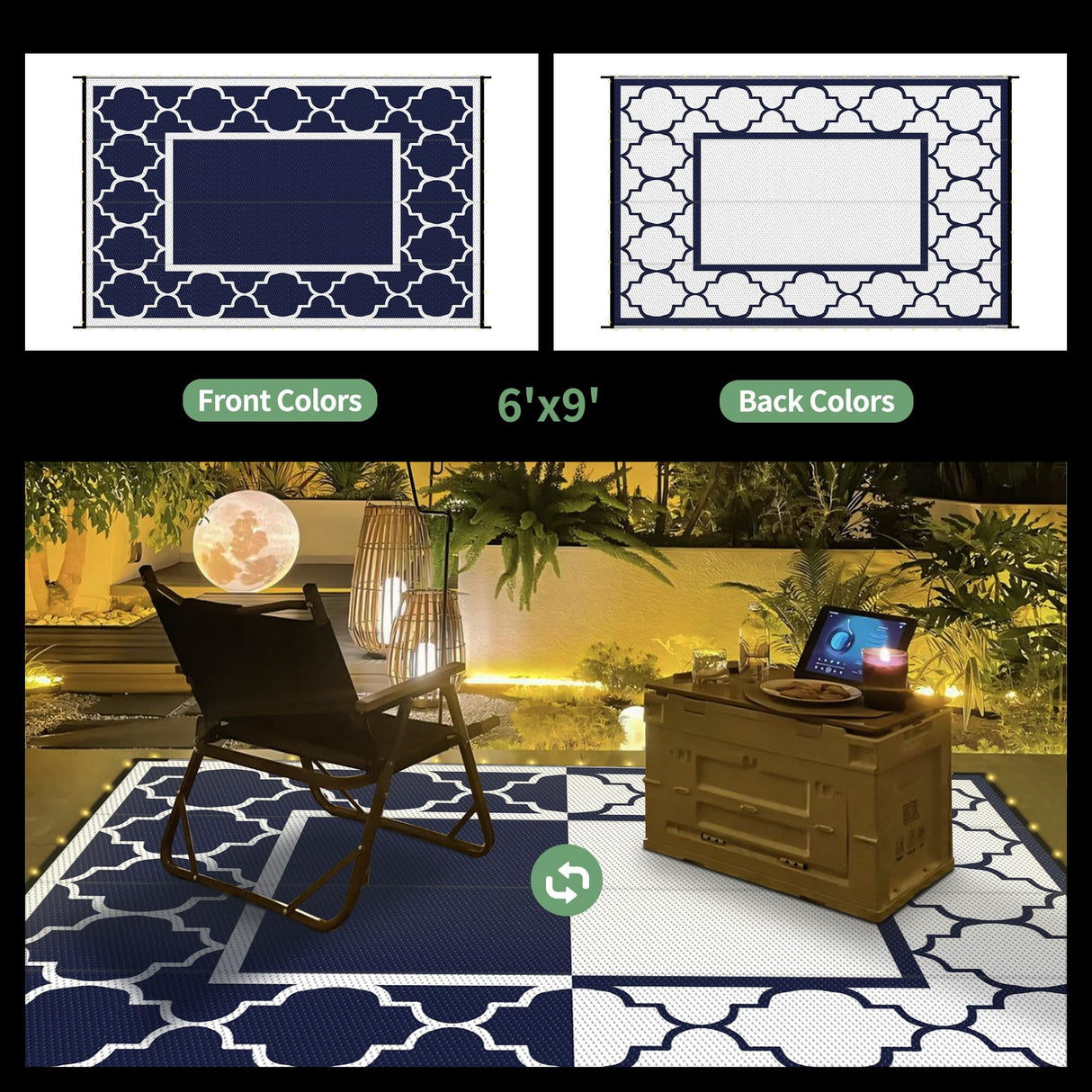 GENIMO 6' x 9' Outdoor Rug Waterproof for Patio Decor, Foldable Reversible Plastic Straw Area Rugs Mat with String Light, Led Carpet for Camper, Rv, Deck, Porch, Picnic, Beach, Balcony, Blue & White GENIMO